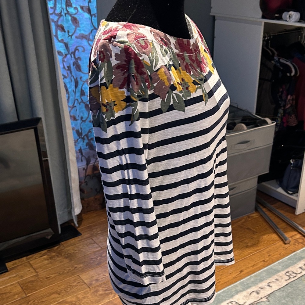 LOFT Black and White Striped Top with Floral Design - Picture 2 of 2